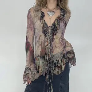 Bohemian Fashion | - Printed tie-dye mesh shirt inspired by bohemian fashion with ruffle details - Lightweight translucent women’s long-sleeve retro top, machine washable GARMENTARY