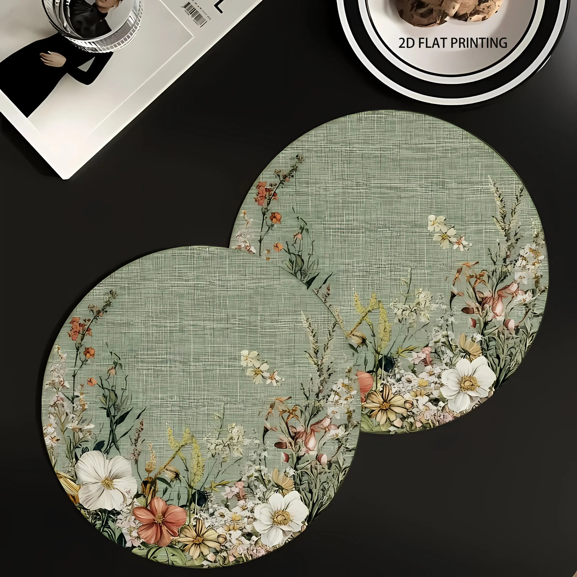2D flat printing, 2-piece/4-piece/6-piece/8-piece set, Aesthetic dust green floral design household placemat, suitable for kitchen dining, seasonal decoration and party essentials, Kitchen Decorative Placemat, easy to maintain