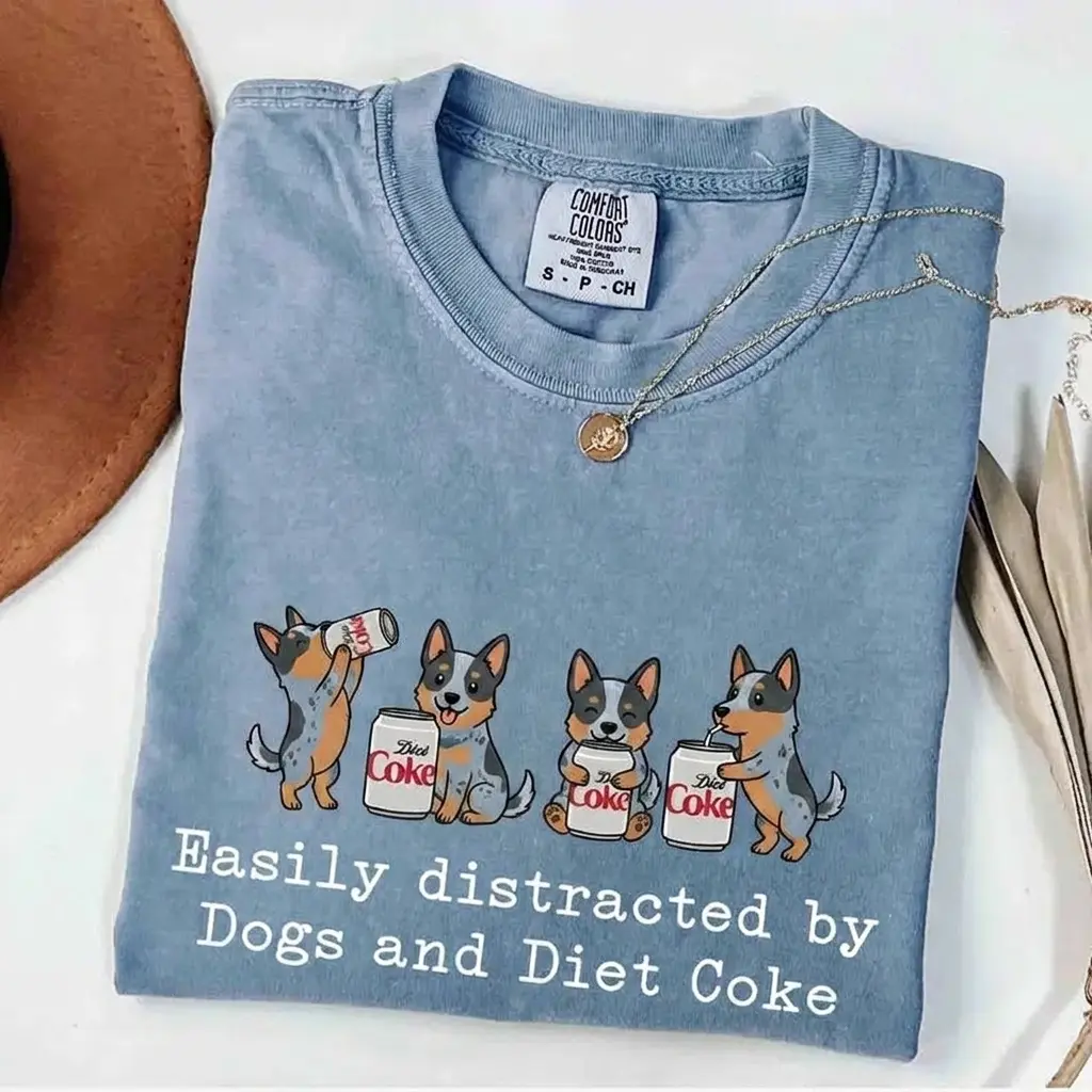 Comfort Colors Custom Dog Breeds Easily Distracted By Dogs And Diet Coke Blue Jeans T-shirt, Custom Dog shirt, Soda Shirt, Cute Diet Shirt, Cute Dachshund Shirt