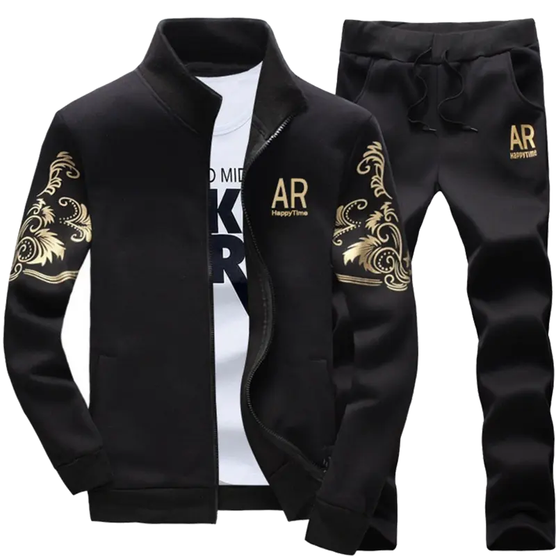 Men’s black and gold print stand collar athletic set featuring a zip front jacket and drawstring long pants—two piece spring casual outfit that is comfortable and breathable; men’s everyday fitness streetwear style, black and gold trendy design.