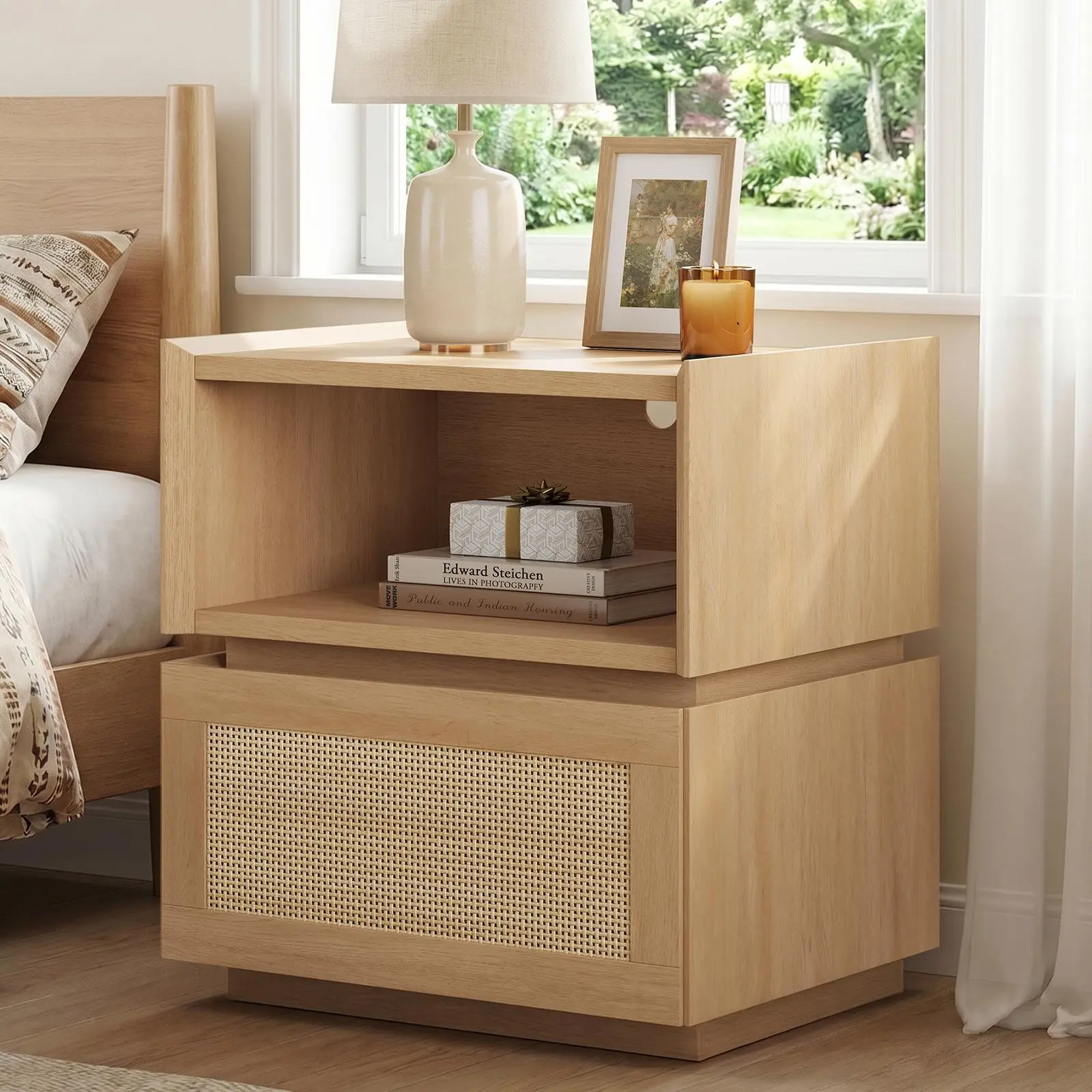 SIKAIC Modular Rattan Nightstand with Drawer & Open Shelf, Stackable Wooden Bedside Table for Bedroom & Living Room Storage