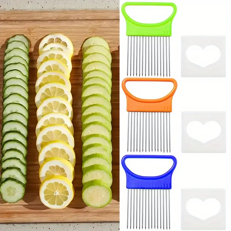 3 Pieces Onion Holder for Slicing, Stainless Steel Onion Cutter for Slicing, Potato Lemon Slicer Tomato Slicers Kitchen Comb for Vegetables, Fruit and Meat