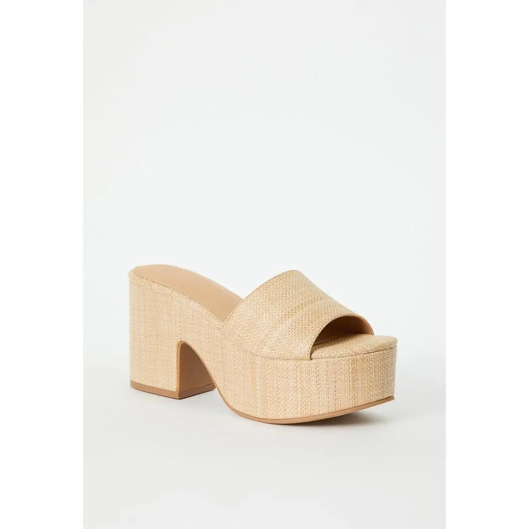 JUSTFAB Women's Woven Natural Raffia Platform Mules | Slip On 3.5" Chunky Block Heel Sandals with an Open Square Toe, Footwear, Women's Fashion, Classy, Elegant, Farmers Markets, Chunky Heel, Open Toe, Boho Style Outfit, Raffia Fabric, 2.0 Inches Thick, A