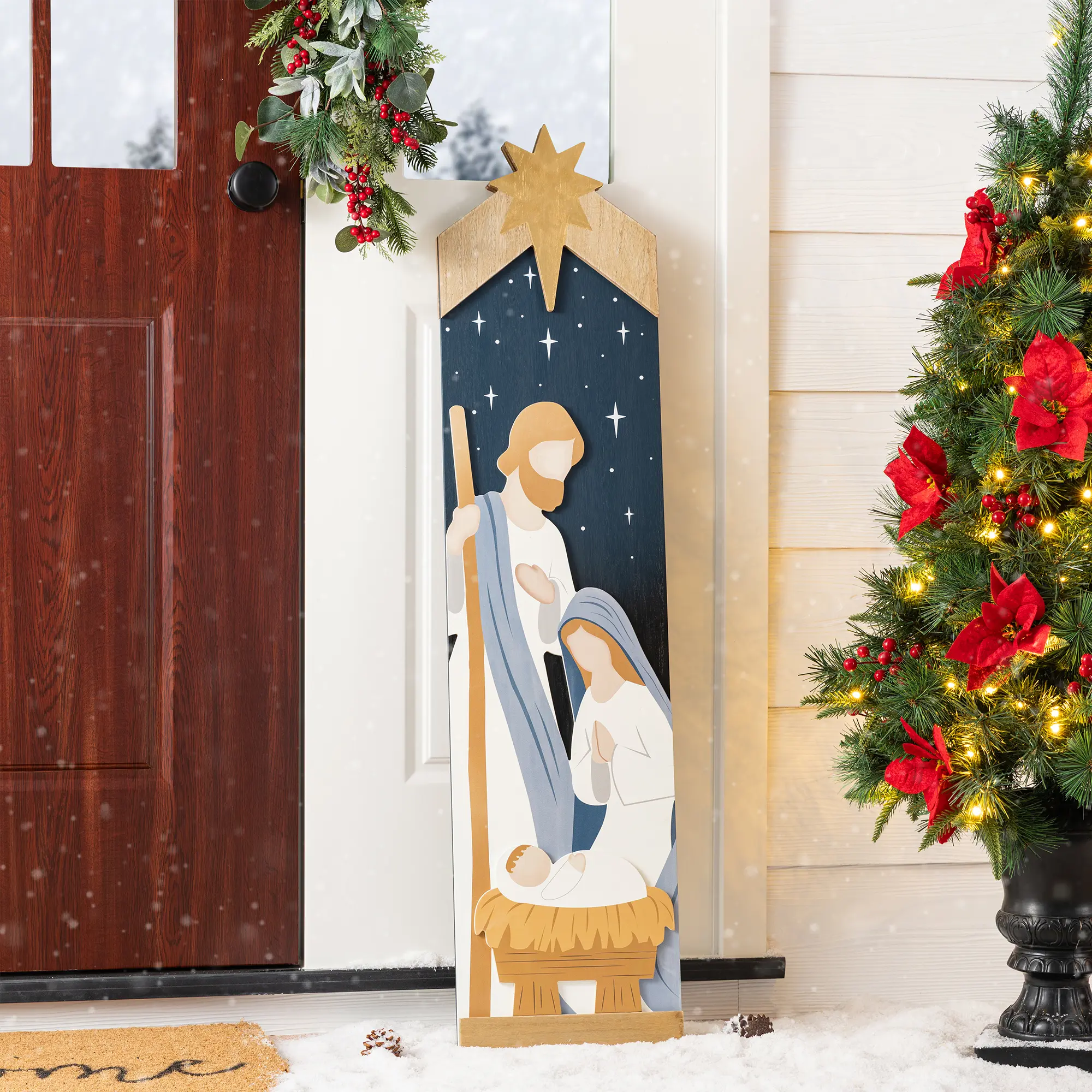 Glitzhome 42-inch Wooden Christmas Double-Sided Nativity Scene Porch Leaner, Festive Home Decor for Wall Display