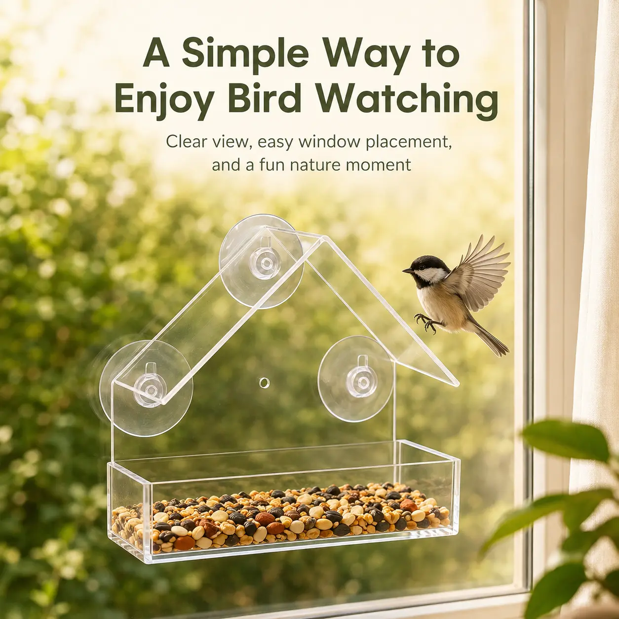 Clear Window Bird Feeder with Suction Cups, House-Shaped Wild Bird Feeding Tray for Window Bird Watching