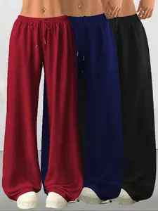 Women's Basic Casual Style Loose-Fit Adjustable Drawstring Pants, 3-Pack Plain Long Trousers Bottom, Comfortable Wide Leg Home Wear, Suitable for Spring Summer Fall, Womenswear