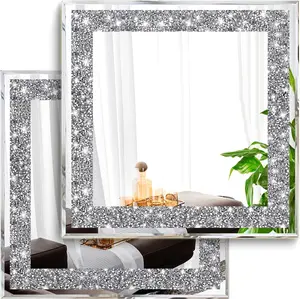 2 Piece Wall Mirrors, Crush Diamond Mirrors Decor, Silver Decorative for Living Room Bedroom, Bathroom. (12”x12”) Hanging Set Circle Crystal Crushed Diamond Wall Mirrors Silver Decorative Wall Mirrors Wall Mirror Set Wall Mirror Set Round Wall Mirrors