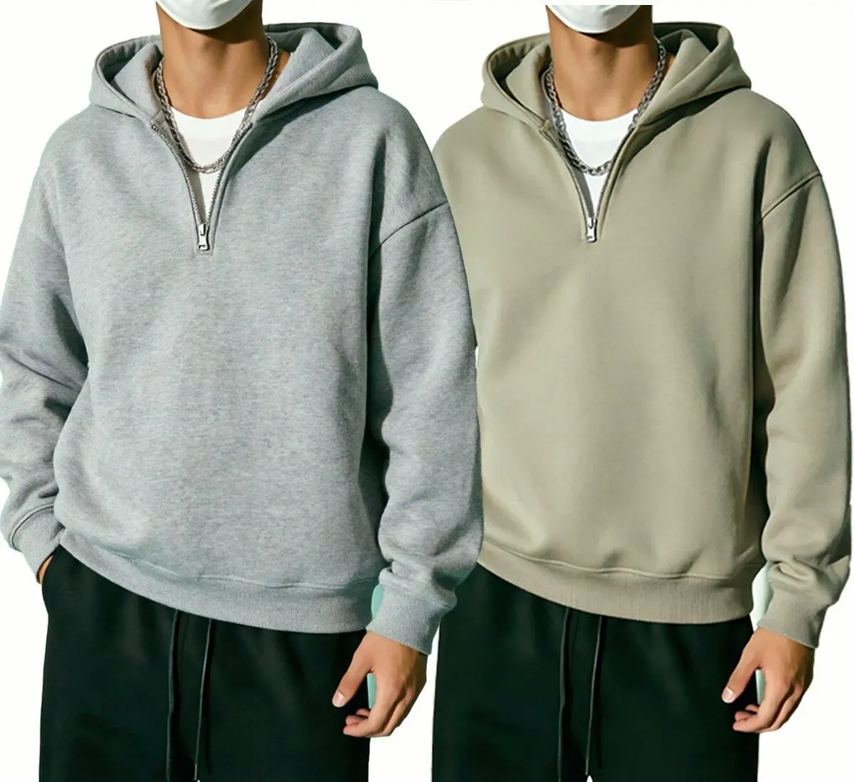 Men's Casual 1/4-Zip Hooded Sweatshirt - Soft Long-Sleeve Loose Drop-Shoulder Pullover for Daily Commuting, Street Style, Black, Green Menswear Tops