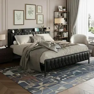 Bed Frame Queen Size with PU Faux Leather, Platform Bed with Button Headboard and Charging Station, Noise-Free, No Box Spring Needed