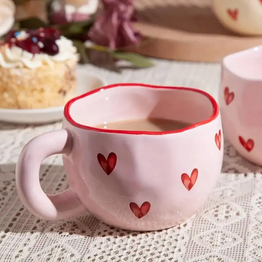 Heart Pattern Ceramic Mug, Valentines Mug, 1 Count 7.4oz, Tea & Milk Mug, Coffee Mug, Sweet Camping Cup, Ideal Gift for Home & Office, Drinkware