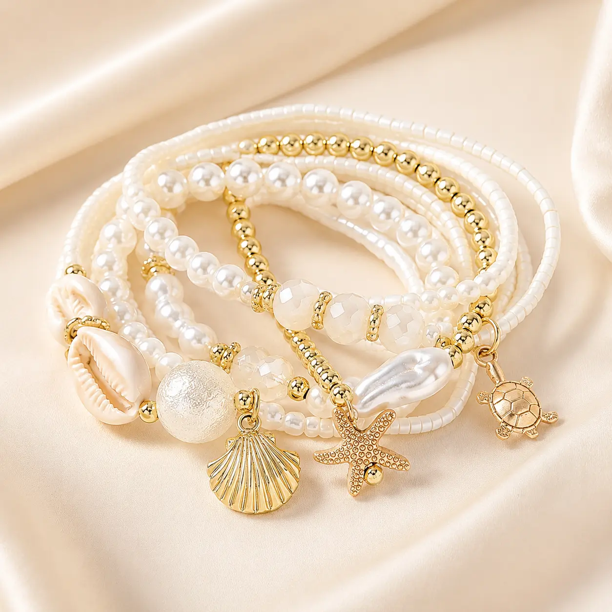 Gold Bohemian Beaded Bracelet Set for Female, Multi-Strand with Pearl, Shell, Turtle & Starfish Charms, Comfortable Stretch for Daily Wear, Casual Accessories, Beaded Turtle Bracelets & Bangles