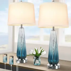2024 Modern Table Lamps Set of 2, Glass Bedside Lamps with 2 USB Ports, Teal Nightstand Lamp Buffet Lamps with White Fabric Shade, 27.5" Tall Lamps for Living Room End Tables, Bedroom Coastal Art Deco Lamp