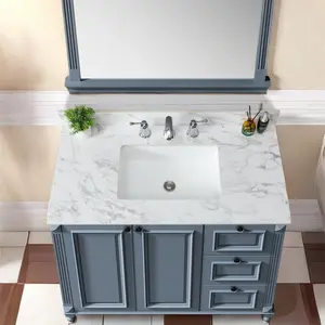 43"x22"Bathroom Vanity Top,sintered stone carra white   Barthroom Vanity Sink Tops with Rectangular Undermount Ceramic Sink with Vanity Backsplash, Three Faucet Hole Bathroom Vanity Countertop    RR