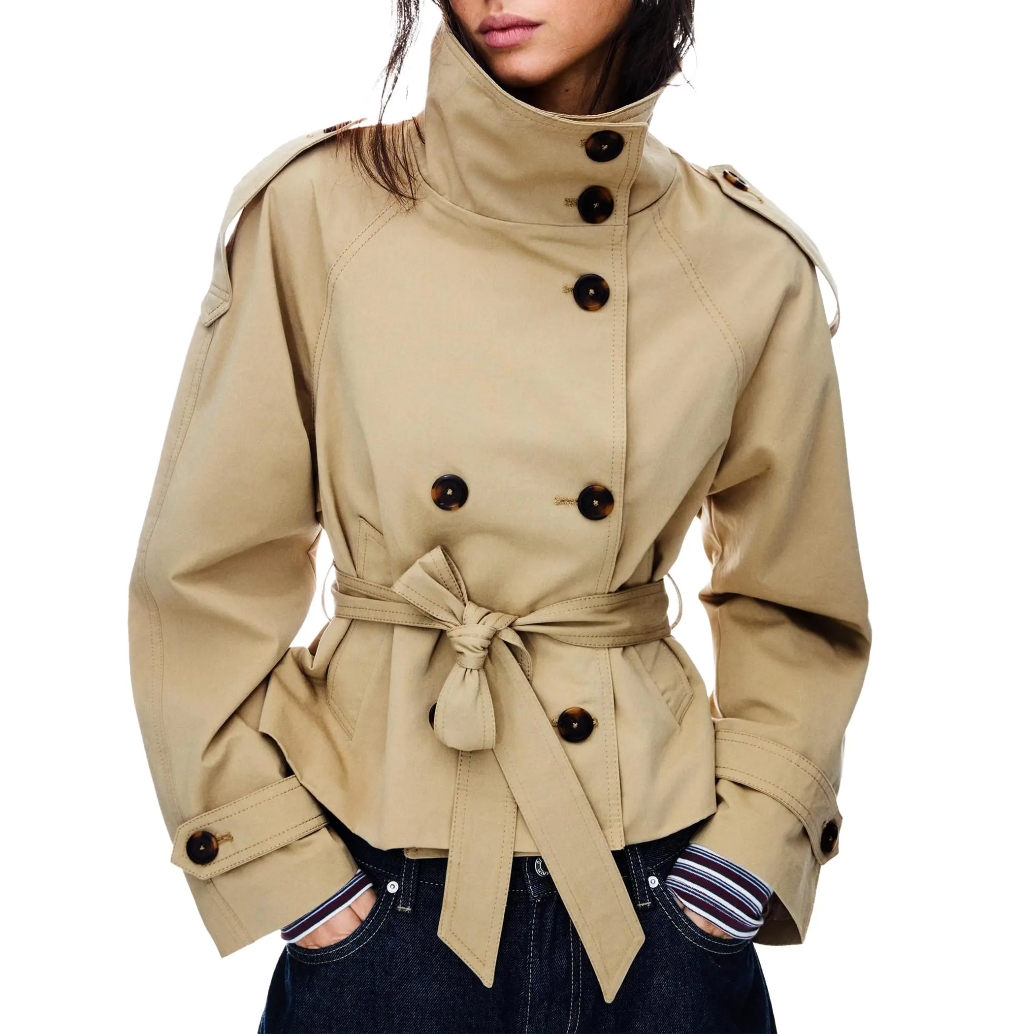 Hixiaohe Women's Short Trench Coat, Elegant Double-Breasted Fall Winter Outerwear with a High Neck and Stylish Lace-Up Detail, Style, Lacy