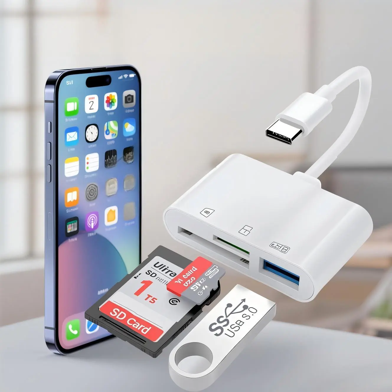 Fermoved 3-in-1 USB Type-C Dual-Slots Card Reader Adapter for SD, Micro SD/TF Cards, Compatible with iPhone 15/16, iPad, MacBook Pro, Android Laptops & Other USB-C Devices-KE000030