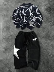 Men's Casual Two-Piece Set, Soft Comfortable Round Neck Long Sleeve Sweater and Drawstring Wide Leg Pants, Spring Fall Winter Home Outdoor Wear