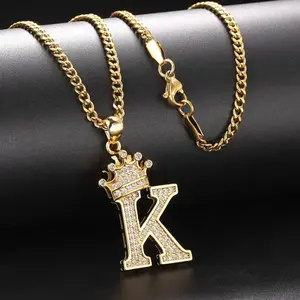 Retro Crown Pendant | 18K Gold-Plated Stainless Steel Crown Pendant Necklace | Men’s retro and hip-hop style jewelry featuring a sparkling cubic synthetic zirconia letter “K” — suitable for daily wear, parties, and year-round elegance