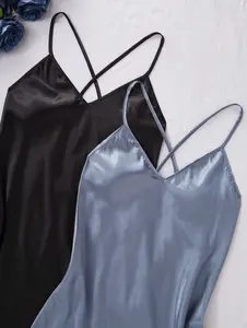 2pcs Solid Color Satin Cross-Strap Women Sleepwear Nightgown Babydoll, Bicolor Luxeloungewear