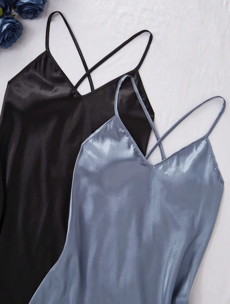 2pcs Solid Color Satin Cross-Strap Women Sleepwear Nightgown Babydoll, Bicolor Luxeloungewear