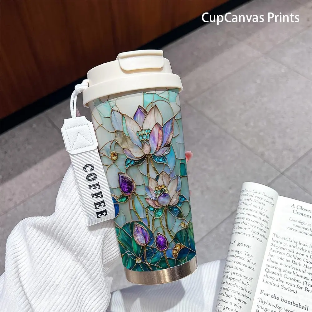 18oz Stainless Steel Insulated Flask - Portable Insulated Travel Drinkware Tumbler, Double-Walled Vacuum Cup with Lid, Elegant Lotus Print Glass-Style Reusable Coffee Cup for Hot/Cold Beverages, Ideal for Home, Office