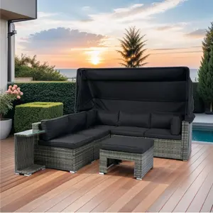 7 Pieces Patio Furniture Sets Outdoor Sectional Sofa Set Rattan Daybed with Retractable Canopy, Adjustable Backrest, Washable Cushions, Storable Tea Table Rectangle Sunbed for Backyard