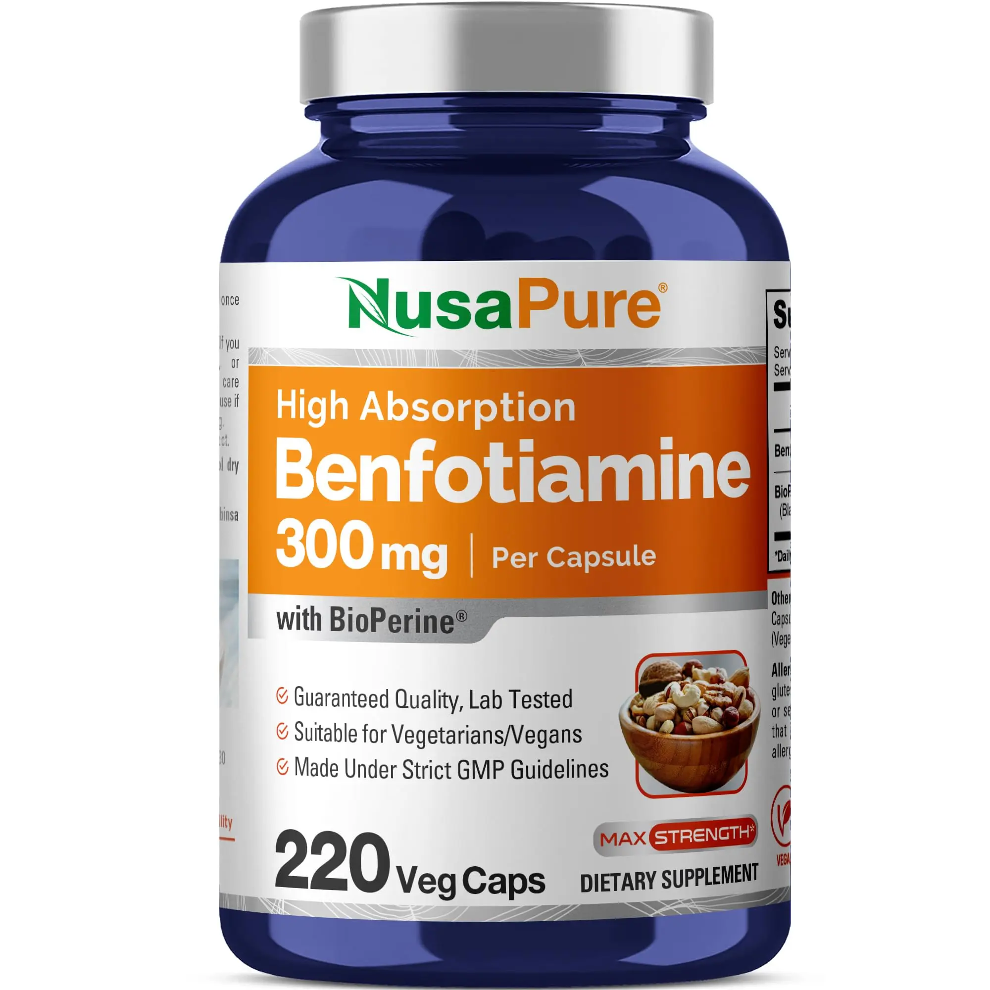 NusaPure Super Absorbent Benfotiamine B1 Dietary Supplement Capsules - 300mg Per Cap, 220 Count, Non-GMO, Vegan/Vegetarian, Bioperine, Bioavailable, Supports Body & Brain Health, Diabetes Control, Neuropathy & Nerve Health, Daily Vitamin Supplement, Thiam