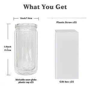16 Oz Acrylic Snow globe Global Plastic Can Double-Walled Tumbler, 25 Pack Double Wall Plastic Clear Cup Beer Can, Plastic Mason Jar with Clear Lid topper Reusable water bottle Bottle Shaped Drinkware Portable Bottled Washable Glass Mug wrap Straw