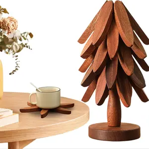 Natural Tree Trivet Set - 4 Wooden Trivets & 1 Stand - Heat-Resistant Foldable Design - Durable & High-Quality Solid Wood - Ideal for Hot Dishes, Pots, Bowls, Teapots - Kitchenware & Tableware Coasters, Coffee Table Mat