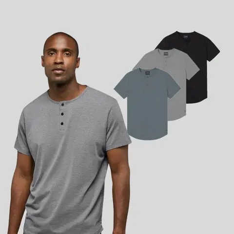 Cuts Menswear Men's Short-Sleeve Fitted Crew Neck AO Henley Shirt with Curve Hem - Anti-Odor Polyester-Cotton-Spandex Blend, Wrinkle-Resistant, Stretch, Casual Plain Streetwear Top, 100+ Washes Certified