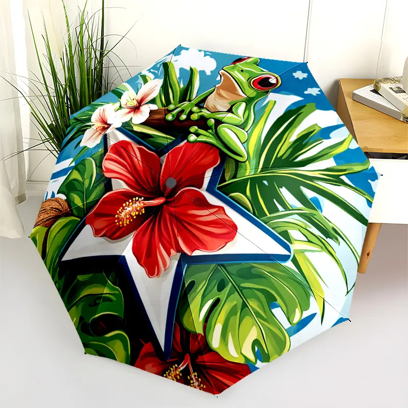 1 PC Automatic Folding Umbrella - Frog Hibiscus Flower Star Nature Tropical Pattern, Portable & Foldable Design with 8 Ribs, Merry Christmas Pattern,Casual Outdoor Accessory Halloween and Christmas Birthday Gifts. G00113