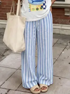 Women's Blue and White Striped Wide Leg Pants, Casual Comfy Breathable Adjustable Drawstring Linen Trousers for Daily Wear, Ladies Summer Casual Chic Bottoms