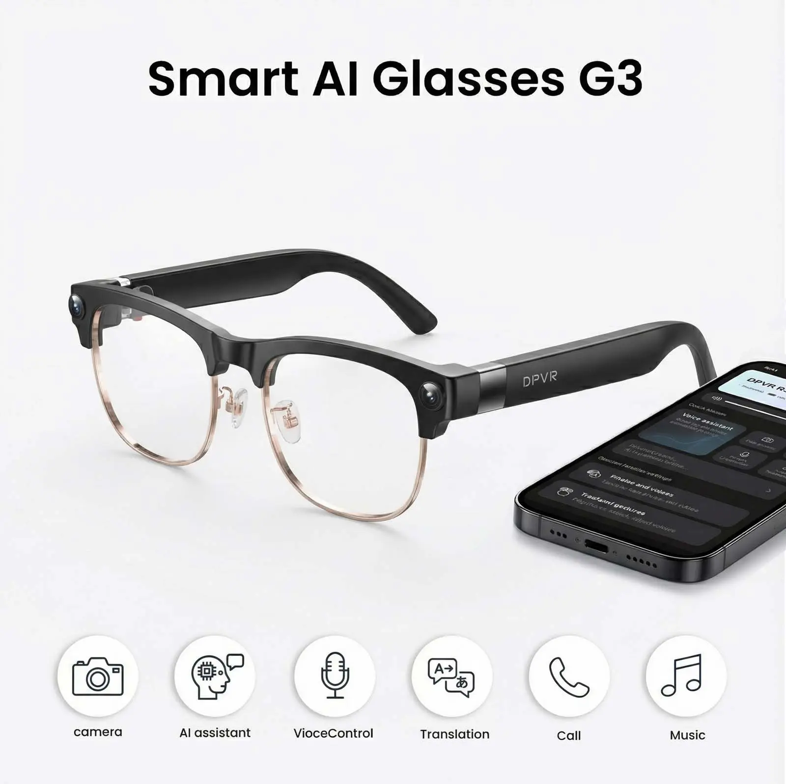 DPVR G3 AI Semi-Rimless Smart Glasses — 8MP Built-in Camera, Hands-Free First-Person View (POV) Video Recording, Voice Control, Wireless Wearable Technology, AI Assistant, Translation, Calling & Music Functions (2026 New Model) ideal father, Bluetooth Tra