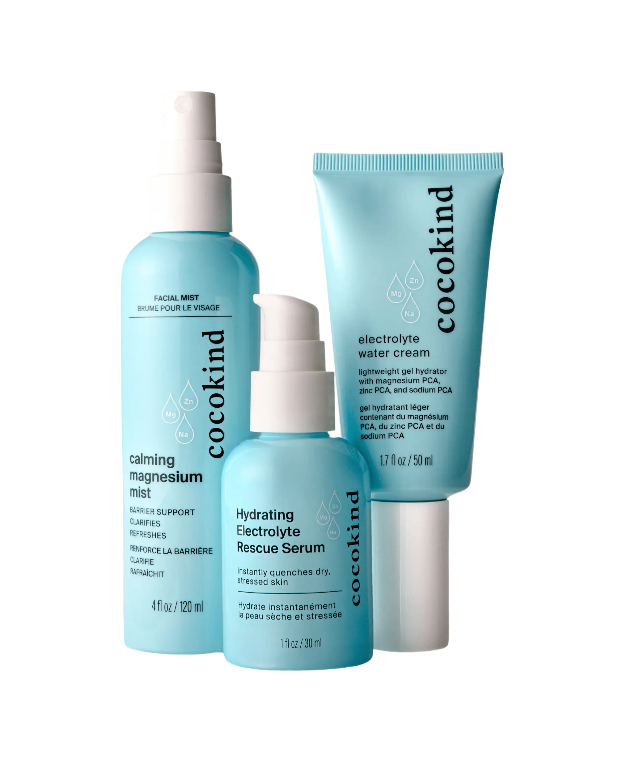 [cocokind] Electrolyte Family Bundle | 3-Piece Hydration Skincare Set | Magnesium Mist + Electrolyte Serum + Water Cream | Hydrating & Calming