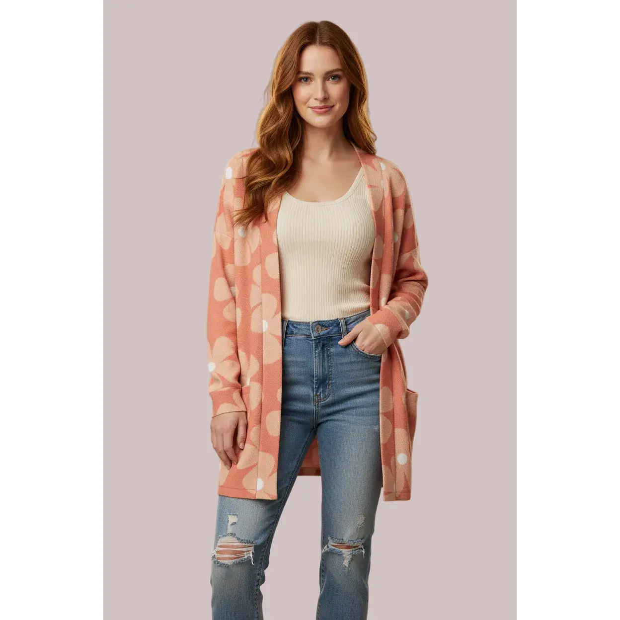 LuLaRoe Cozy Mackenzie • Hooded Open Front Cardigan  • Peach Floral, Spandex, Fabric, Long Sleeves, Knitwear, Cuffed, Elegant, Fit, Casual, Longsleeves, Pockets, Tops, Waffle, Clothes, Relaxed Fit