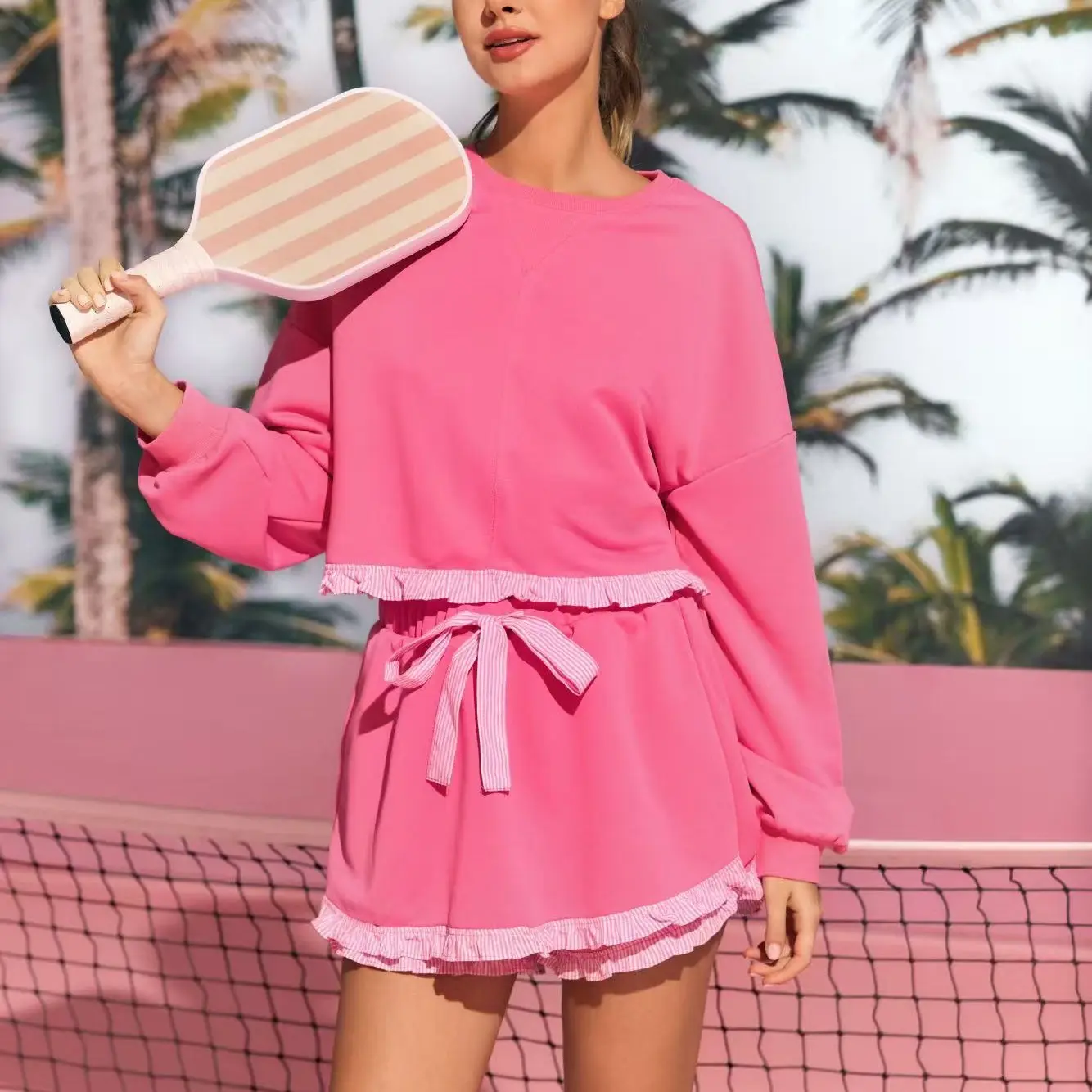 Fisoew Women's 2 Piece Sweatsuits Casual Color Block Loungewear with Crewneck Long Sleeve Ruffle Hem Cropped Sweatshirt and Drawstring Shorts Women's Clothes Two Piece Set
