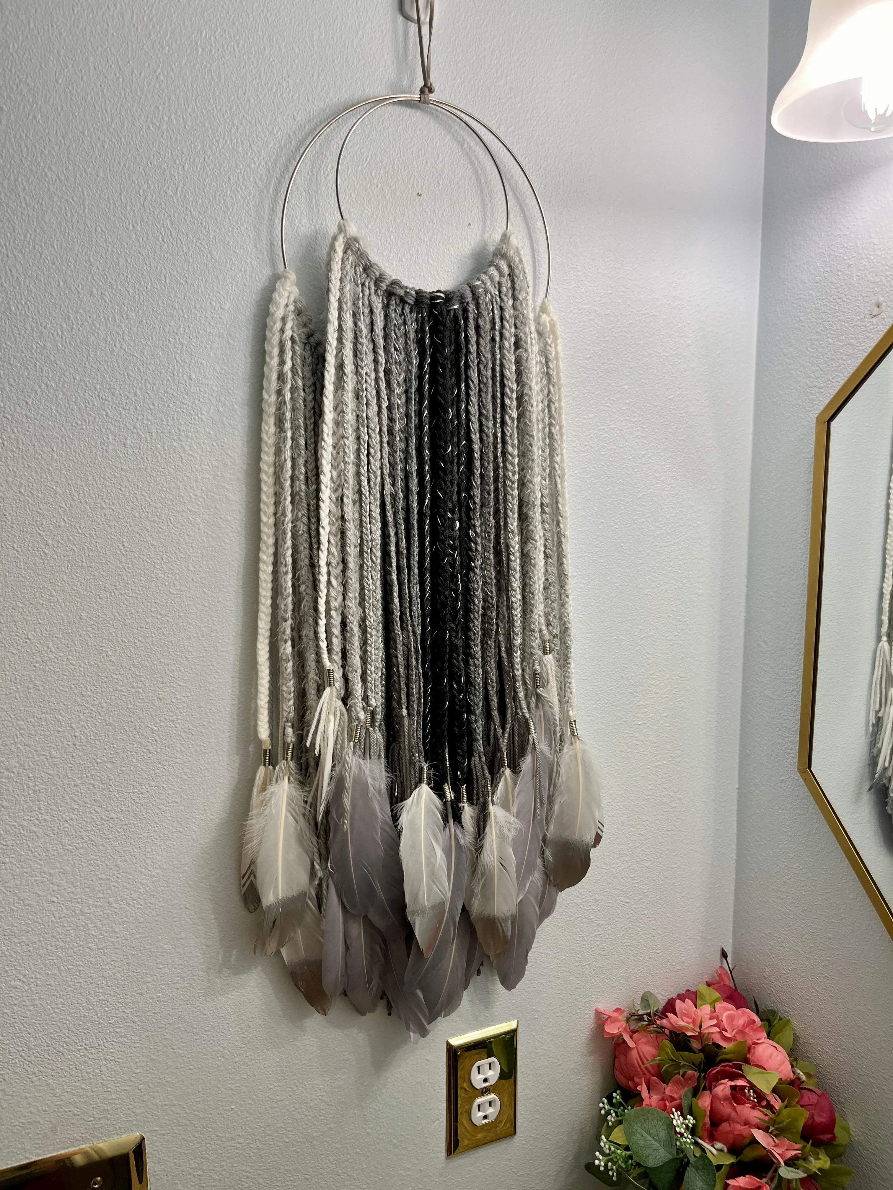 Boho Silver Feather Wall Art - Double Layered Hanging Decor (13x36in)