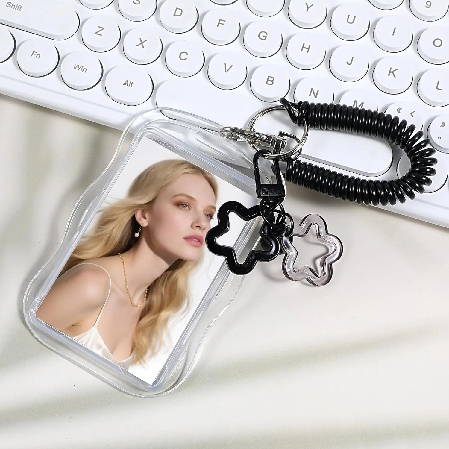 Retractable ID Holder with Star Keychain, Retractable Badge Clip, Keychain Badge Reel & Wrist Strap-Card Holder Keychain Set with Slide Cover,Clear Card Holder+Spring Rope Keyring+Star Charms,for Credit Cards,Photocards-Back-to-School