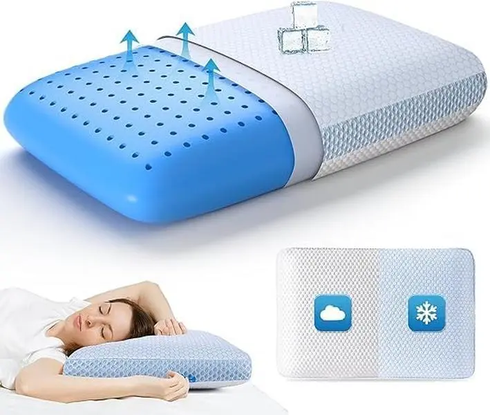 Gel Memory Foam Pillows, Cooling & Ventilated, Neck Orthopedic Contour Pillow for Side Back Stomach Sleepers, Ergonomic Cervical Pillow for Pain Relief, Thin Pillow, Blue White