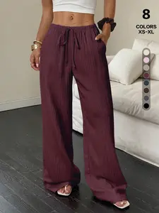 Women's Cotton Linen Palazzo Pants, Drawstring Elastic Waist, Loose Fit, All-Season Wear, Plain Design with Pockets, Ideal for Daily