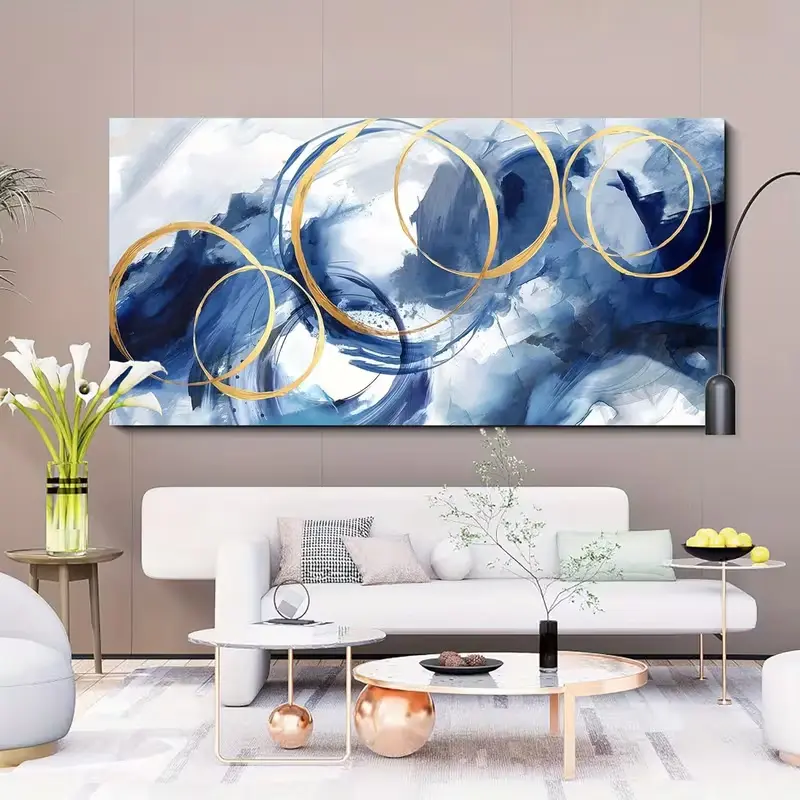 Large Canvas Wall Art, Modern Abstract Blue Gold Circle Indigo Watercolor Swirl Print, Contemporary Wall Decor for Living Room, Bedroom, Office, Apartment, Dining Room & Guest Room