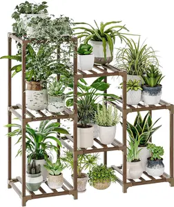 Bamworld Carbonized Waterproof 3-Tier Ladder-Shape Plant Stand, Indoor/Outdoor Home Organizer, Boho Decor Rack, Outdoor Garden Accessories for Living Room, Patio Gardening
