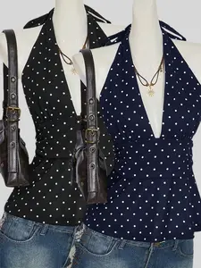Women's Fashion Deep V Neck Backless Polka Dot Halter Top Set, Slim Fit Plain Design, Perfect for Casual Wear & Stylish Style
