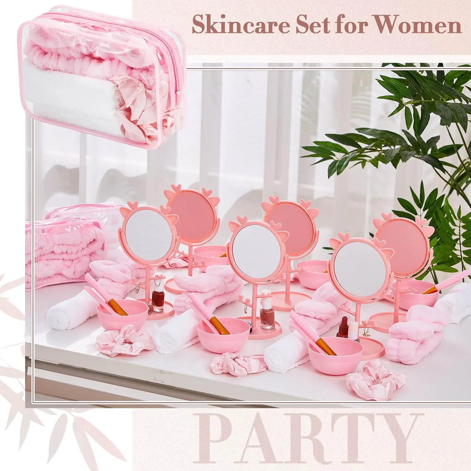 Spa Sleepover Party Supplies for 8 Girls, 8PCS Kids Spa Party Favor Kit with Face Mask Mixing Bowls, Mirrors, Headbands, Scrunchies, Cosmetic Bags & Face Wash Cloths, Spa Birthday Party & Sleepover Supplies (Pink)