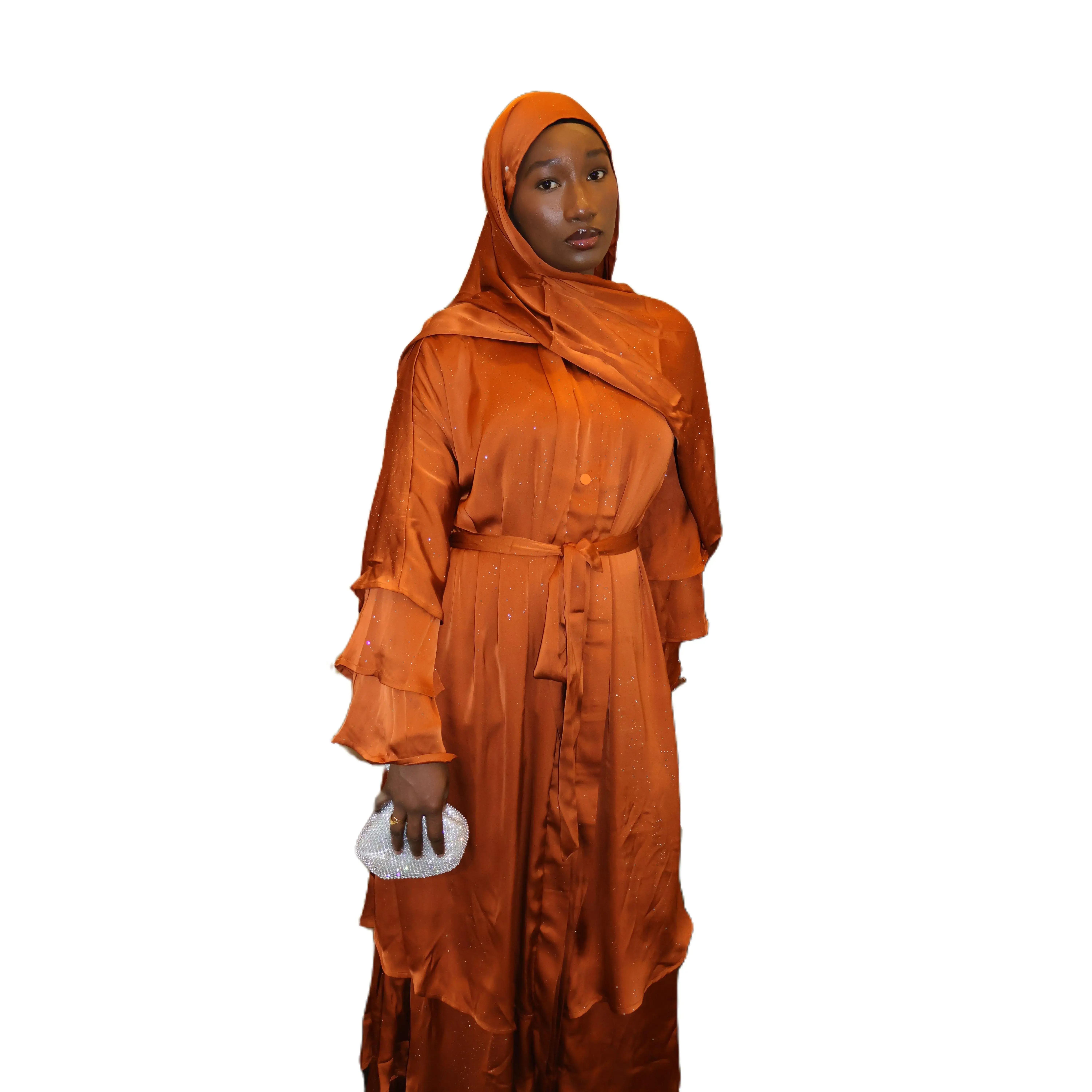 ModestybyMariama Women's Lumière Orange Sparkle Silk Abaya - Elegant Modest 3-Layer Full Length Robe for Wedding, with Hidden Buttons, Adjustable Waist & Free 180cm Hijab, Long Sleeve