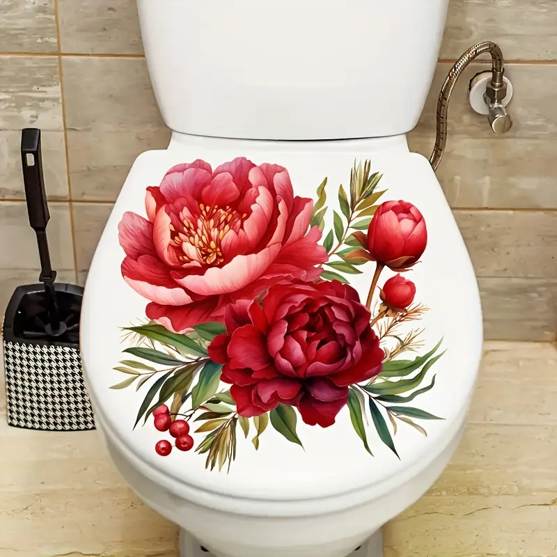 1 piece of red floral self-adhesive toilet seat sticker - semi smooth, ceramic compatible, perfect bathroom decoration - Valentine's Day decorative wall sticker