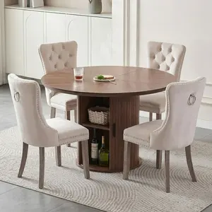 47.24" Round Dining Table Set with Two Layers of Storage Shelves, Modern Wooden Kitchen and Dinner Table,Large Storage Space,Velvet Dining Chairs,Solid Wood Legs, For Kitchen,Office and Dining Room