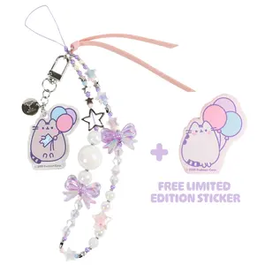 Pusheen the Cat 15th Anniversary [Special Limited Edition] Beaded Strap with Detachable Keychain & Free Sticker - Phone Charm Accessory Cute Chain Lanyard Aesthetic Decor Y2K for Bag Airpods Camera Pendants Smartphone