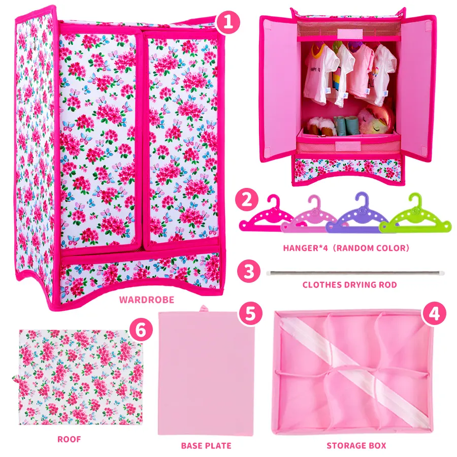 18-Inch Doll Clothing Set - Red Flowers, Random-Color Hanger, Storage Box, Accessories, Roleplay Miniature Doll Furniture, Interactive Fun Christmas Gift for Enthusiasts