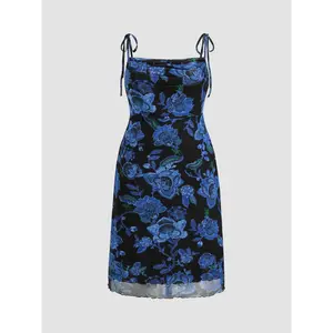 Cider [3 colors, size 0-24] Mesh Square Neck Floral Knotted Midi Dress Curve & Plus