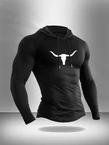 Men's Athletic Hooded Long Sleeve T-Shirt - Slim Fit Compression Workout Top with Bull Logo, Gym Shirt for Training, Running & Casual Wear | Trendy Streetwear Hoodie Tee Athletic Style Activewear